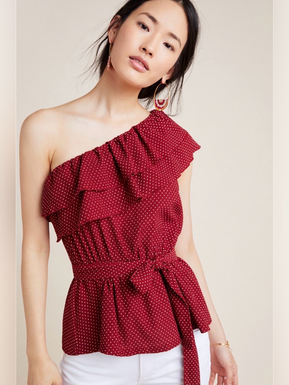 Maeve Anthropologie Rita One Shoulder Ruffle Tie Waist Top Small Wine Dot - Picture 1 of 8
